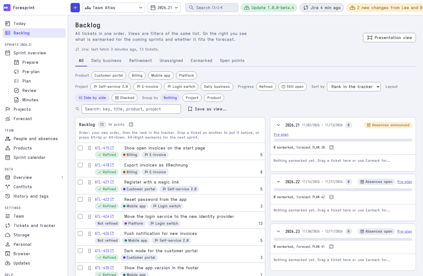 Backlog with tickets, product and project chips and the coming sprints beside the list